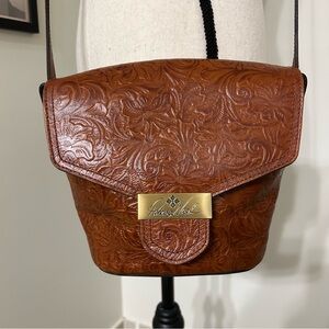 Patricia Nash Cognac Brown Tooled Embossed Floral Leather Crossbody Bag